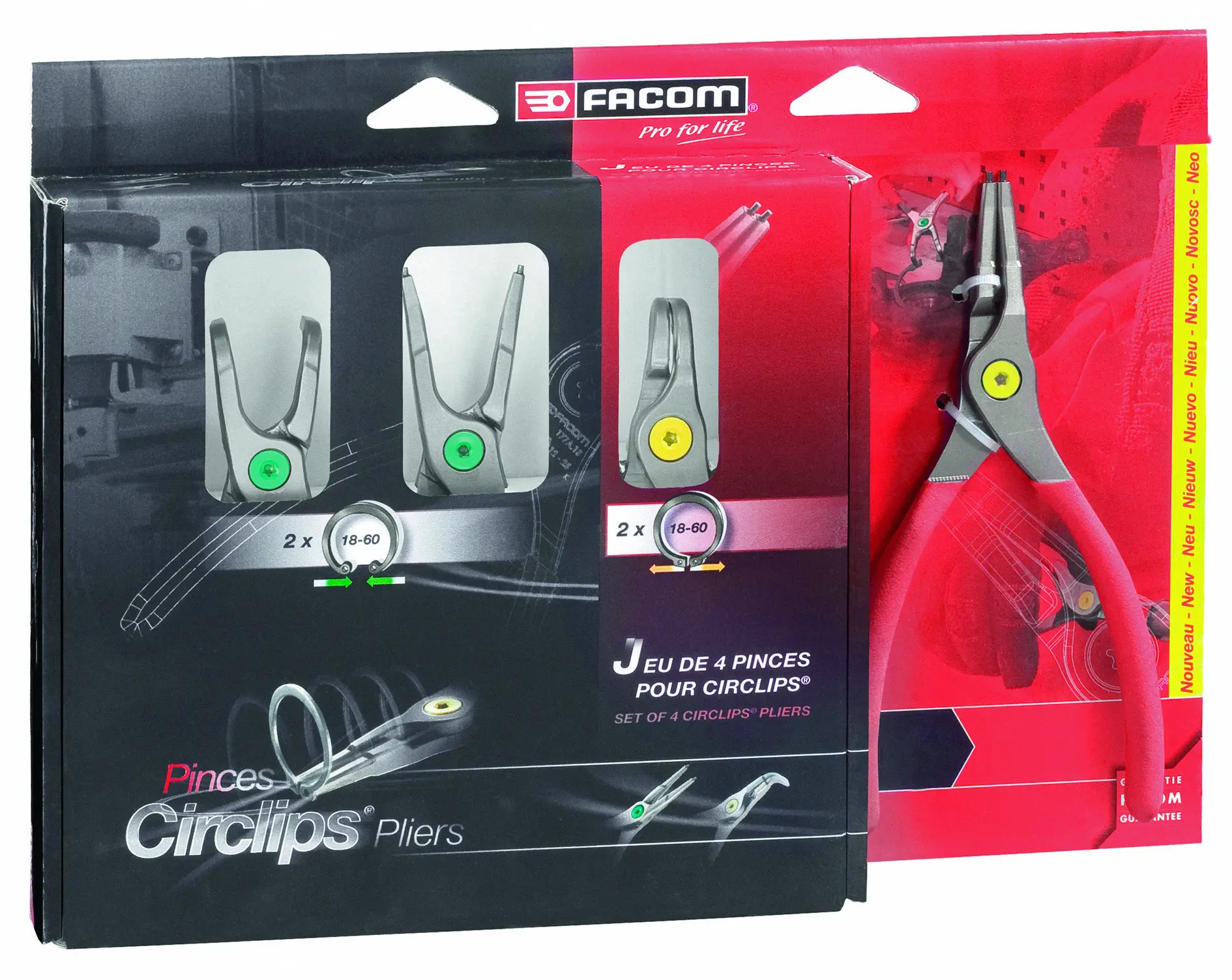 PINCES CIRCLIPS GAINEES INTERIEURS / EXTERIEURS (JEU DE 4 ) - FACOM - PCJ4PB 1 PINCES CIRCLIPS GAINEES INTERIEURS / EXTERIEURS (JEU DE 4 ) - FACOM - PCJ4PB