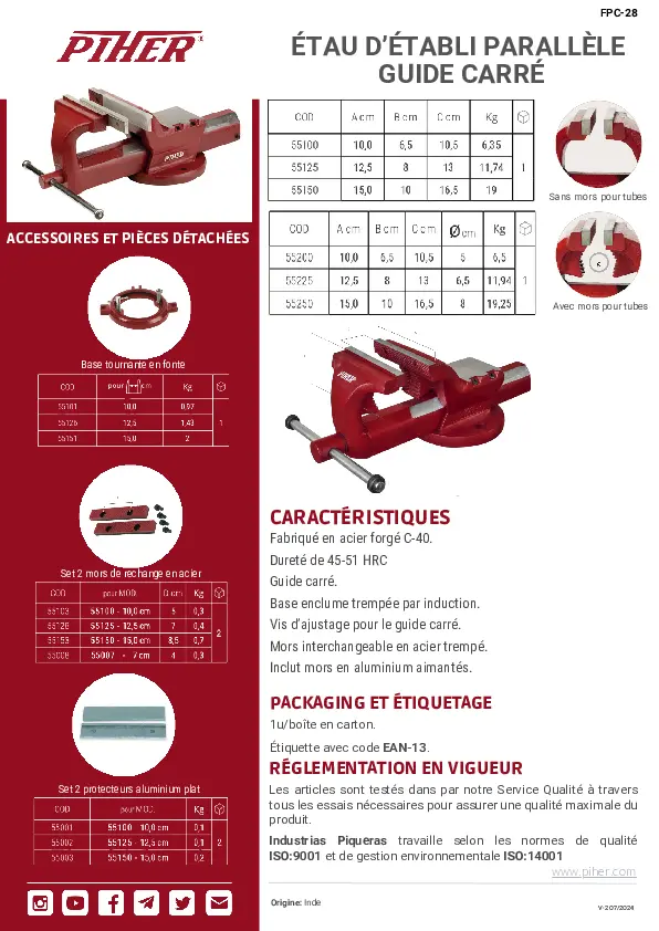 ETAU D'ETABLI PARALLELE 150MM - 55150 - PIHER