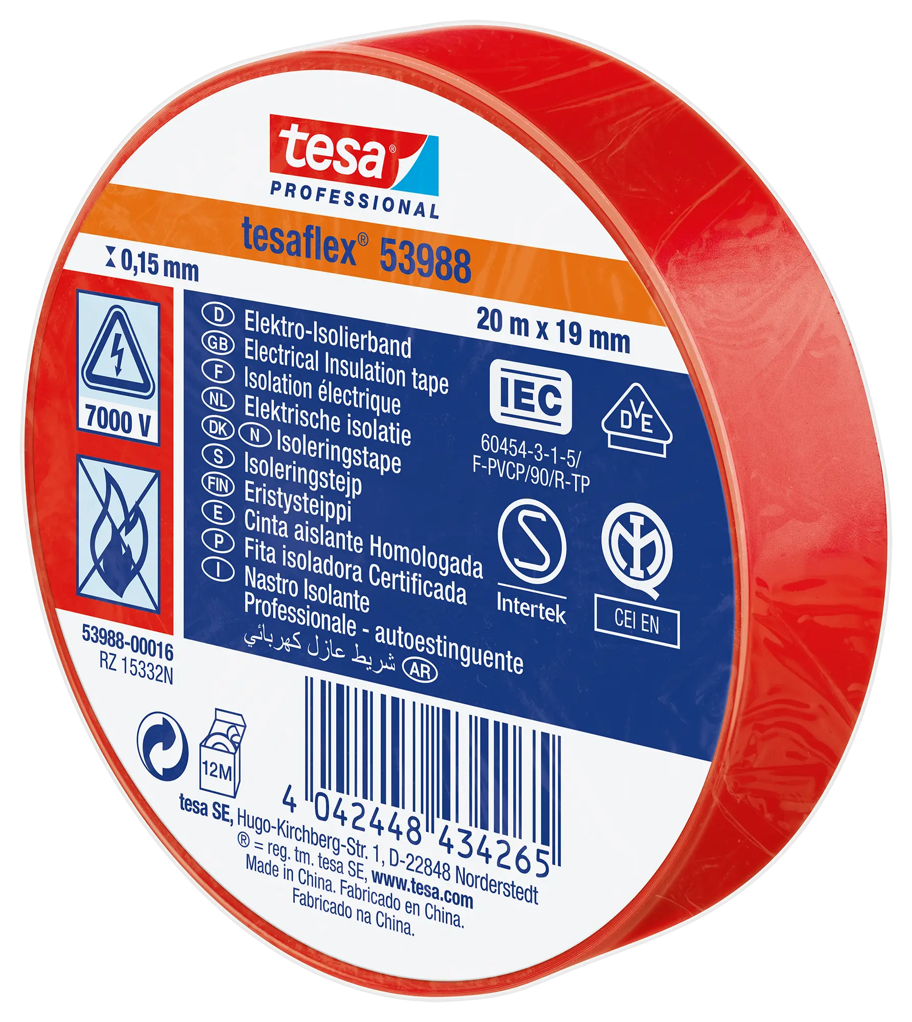 RUBAN D'ISOLATION ELECTRIQUE 53988 20 M X 19 MM ROUGE - TESA - 53988-00016-00 1 RUBAN D'ISOLATION ELECTRIQUE 53988 20 M X 19 MM ROUGE - TESA - 53988-00016-00