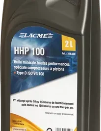 HUILE SPECIAL COMPRESSEUR A PISTON HHP100 2L - 318000 - LACME
