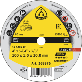 DISQUE A TRONCONNER ACIER/INOX A 660 R 76X1,0X10MM - 368879 - KLINGSPOR